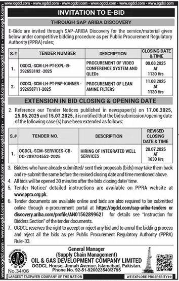 Oil & Gas Development Company Limited Islamabad Tender Notice